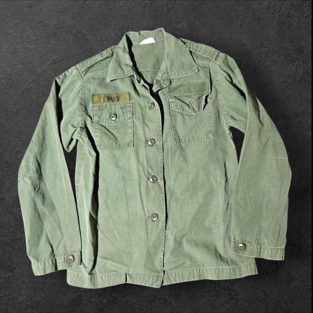 Vintage US Army OG-107 Sateen Shirt Womans M Green Vietnam War Name Utility 50s
